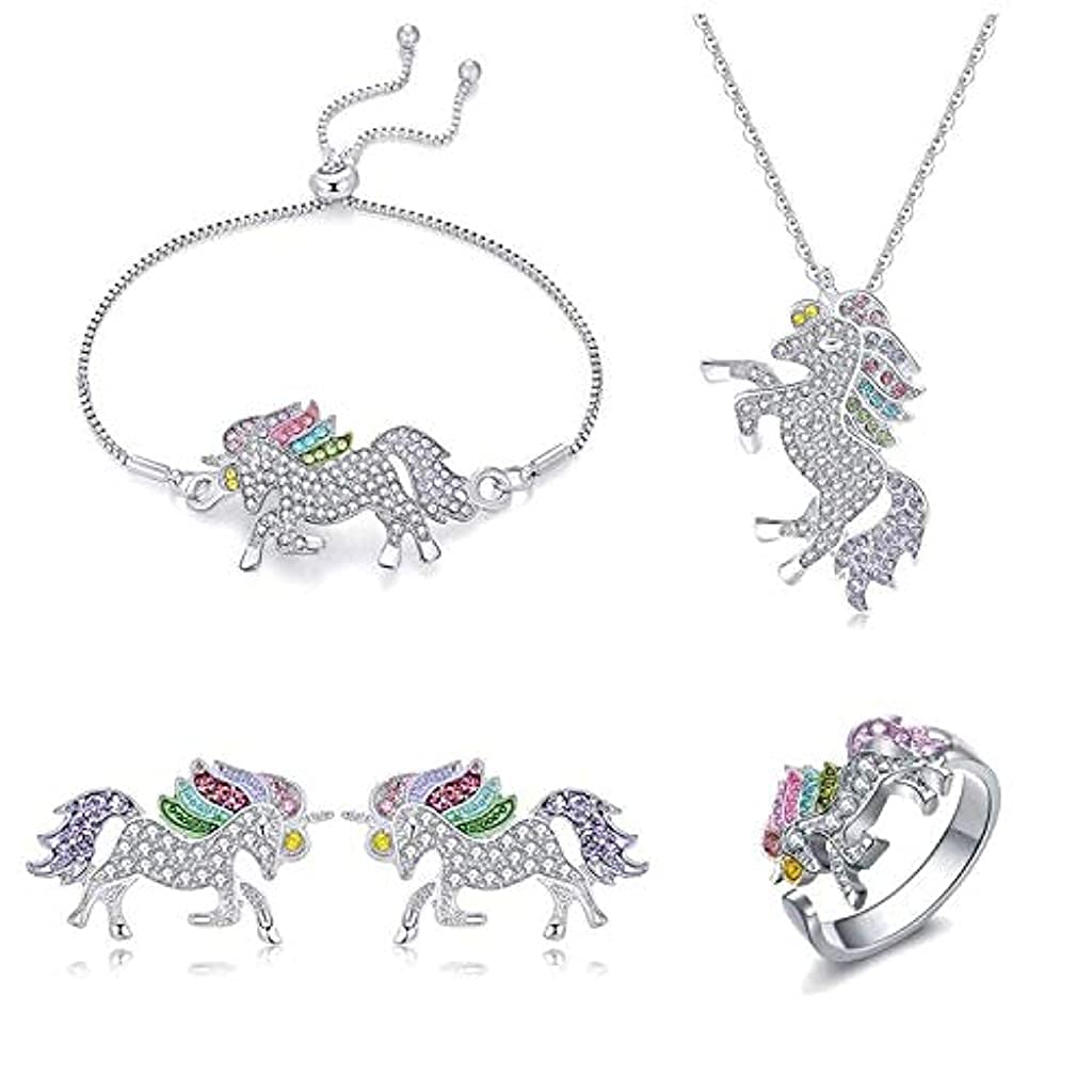 SANNIDHI Unicorn Necklace for Girls Stylish Unicorn Bracelet, Pendant Set for Women & Girls Necklace, Unicorn Earring, Ring, Unicorn Jewelry Set Gift for Girls and Women, Silver - 4 Combo Pack SANNIDHI Unicorn Necklace for Girls Stylish Unicorn Bracelet, Pendant Set for Women & Girls Necklace, Unicorn Earring, Ring, Unicorn Jewelry Set Gift for Girls and Women, Silver - 4 Combo Pack